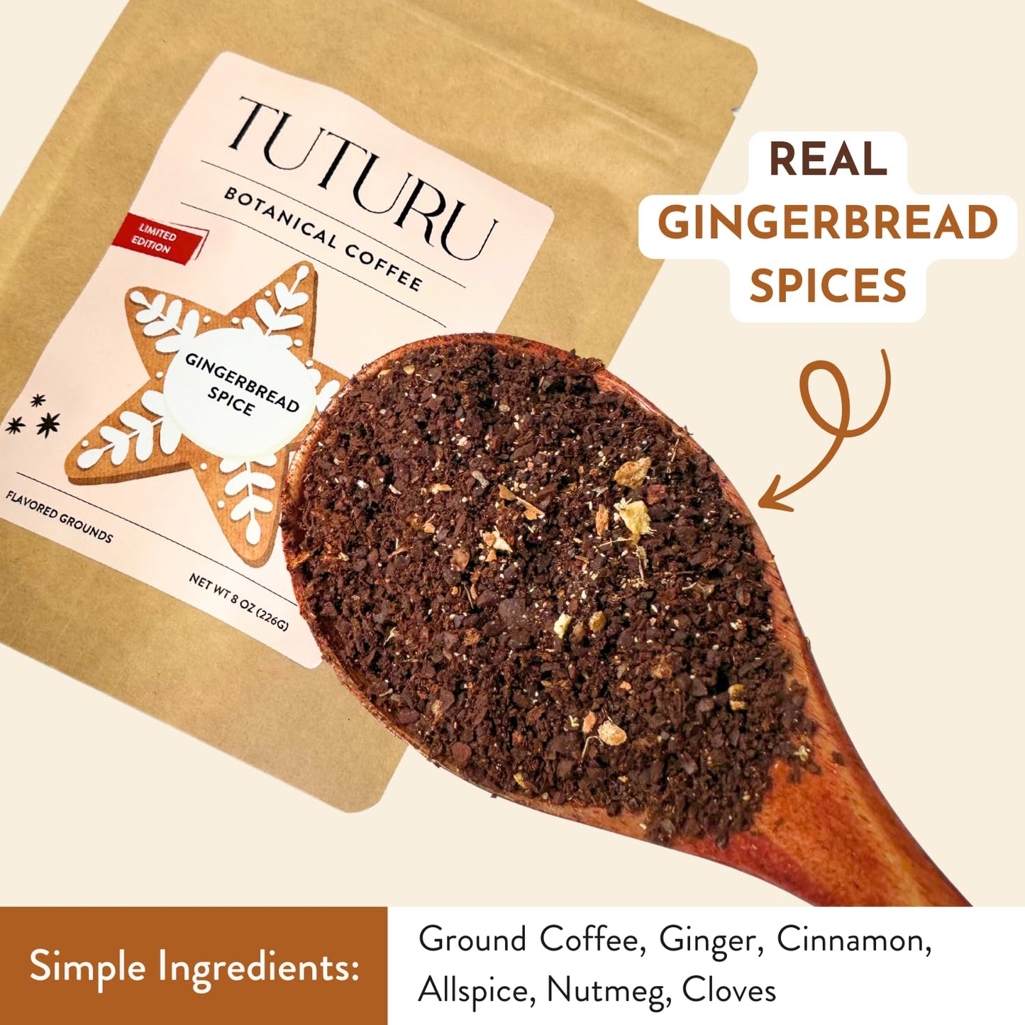 TUTURU Botanical Coffee Gingerbread Ground Coffee, Medium Roast, 8 oz, Flavored with Real Gingerbread Spices, Low-Acid for Drip or Cold Brew