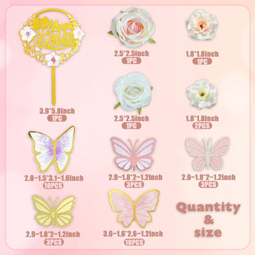 Drwate 35Pcs Butterfly Cake Topper Butterfly Cake Decorations With Artificial Flowers For Women Girls Birthday Anniversary Party