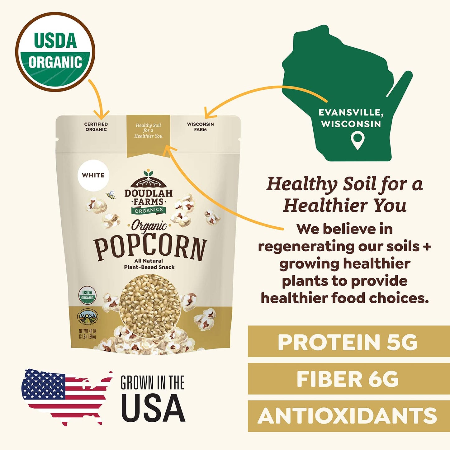 Doudlah Farms Organic White Popcorn Kernels - Gluten-Free, Non-GMO, 25lb Bulk