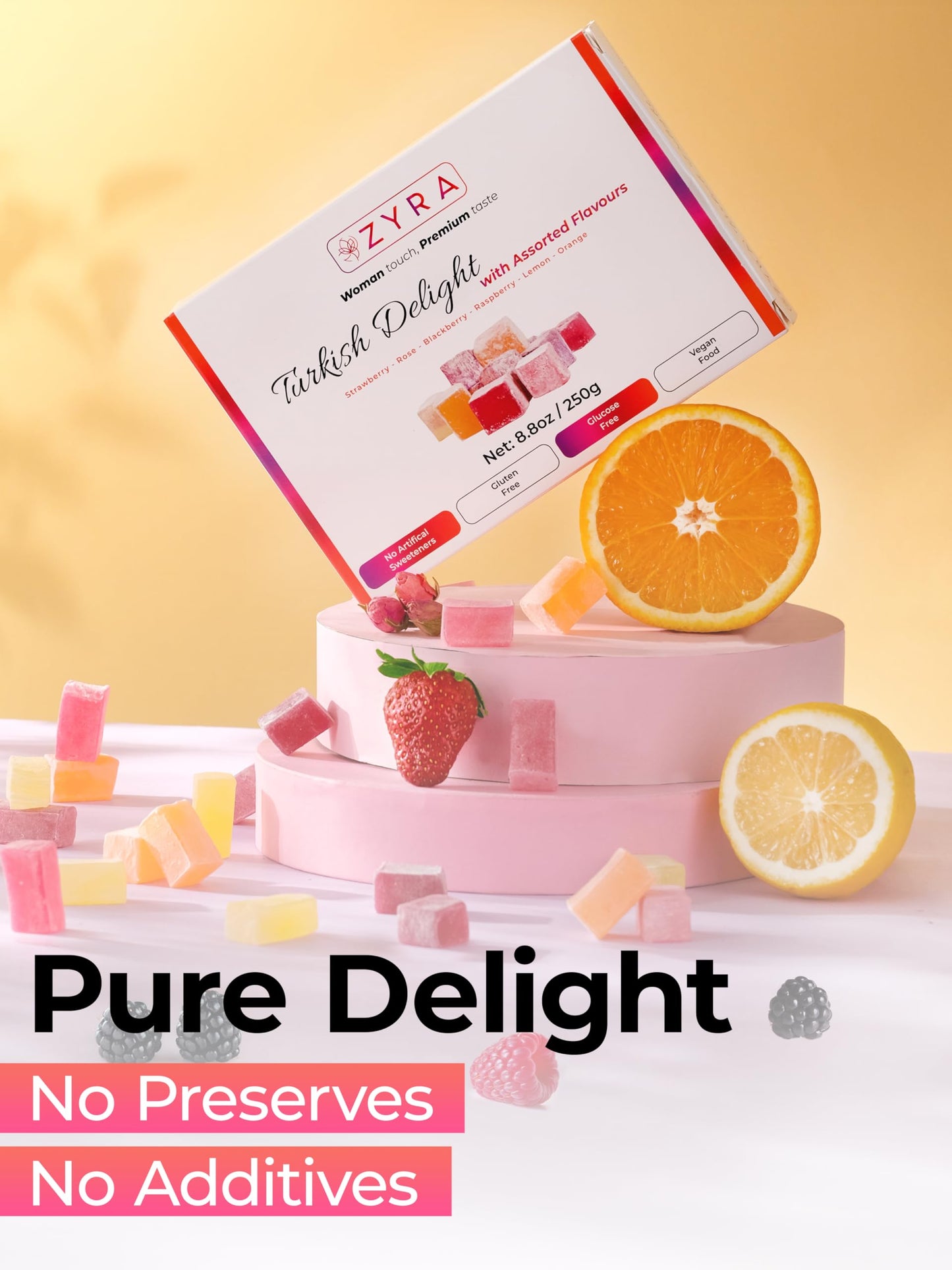Zyra Turkish Delight - 8.8Oz - Woman Owned Brand - Luxury With Assorted Fruit - Rose, Strawberry, Raspberry, Blackberry, Lemon, Orange - Authentic Enhanced Lokum Confectionery - Gifts For Everyone