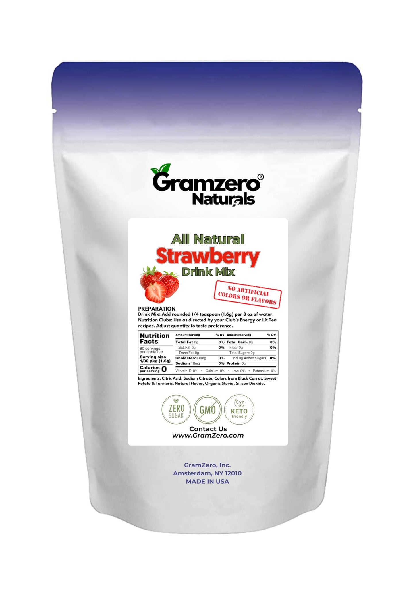 Gramzero All Natural Strawberry Zero Calorie Sugar Free Drink Mix, Great For Nutrition Club Loaded Tea, Stevia Sweetened
