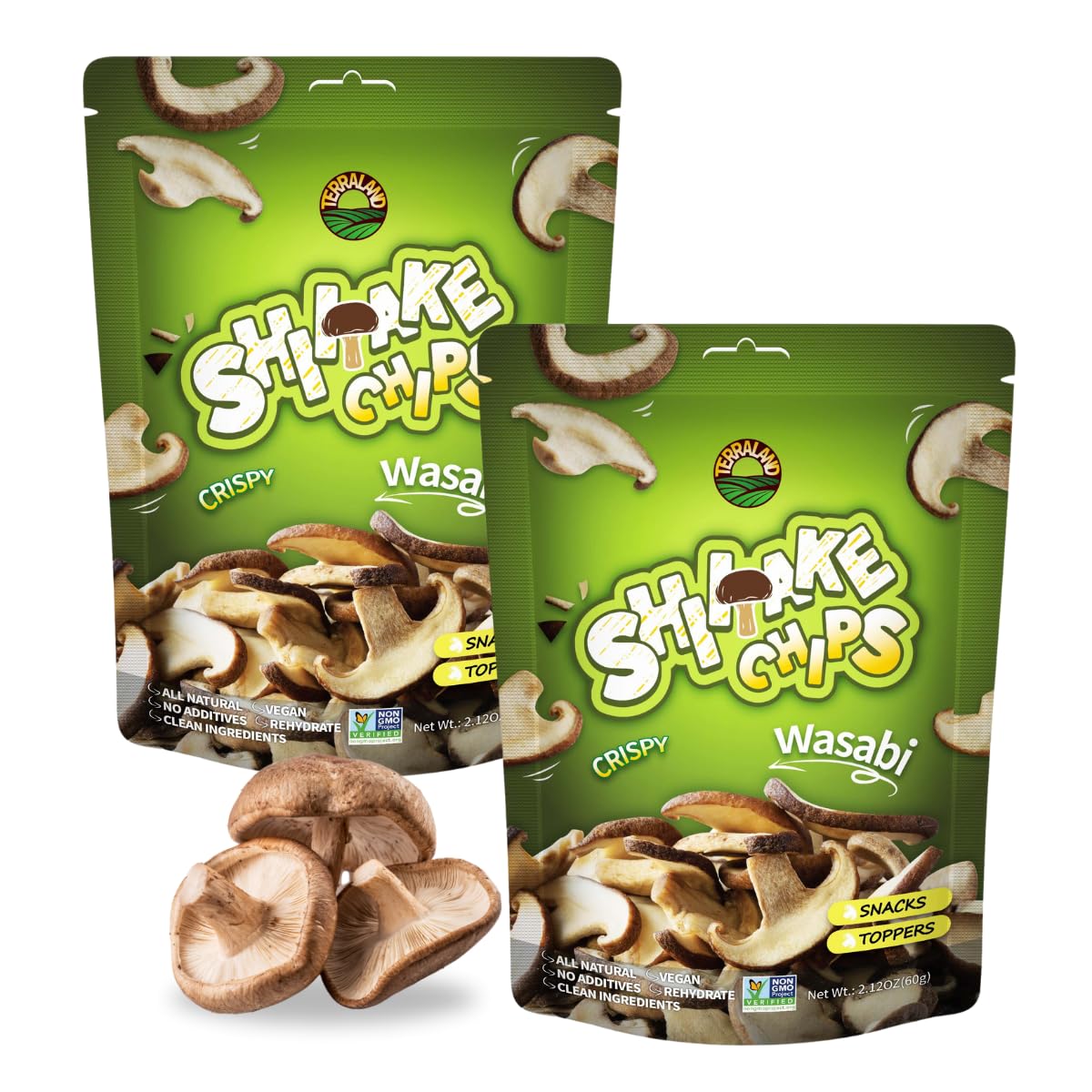 Terraland Shiitake Chips - Wasabi, Crispy & Crunch Mushroom Snack, Non GMO, Idea As a Standalone Snack, Topping for Salads and S