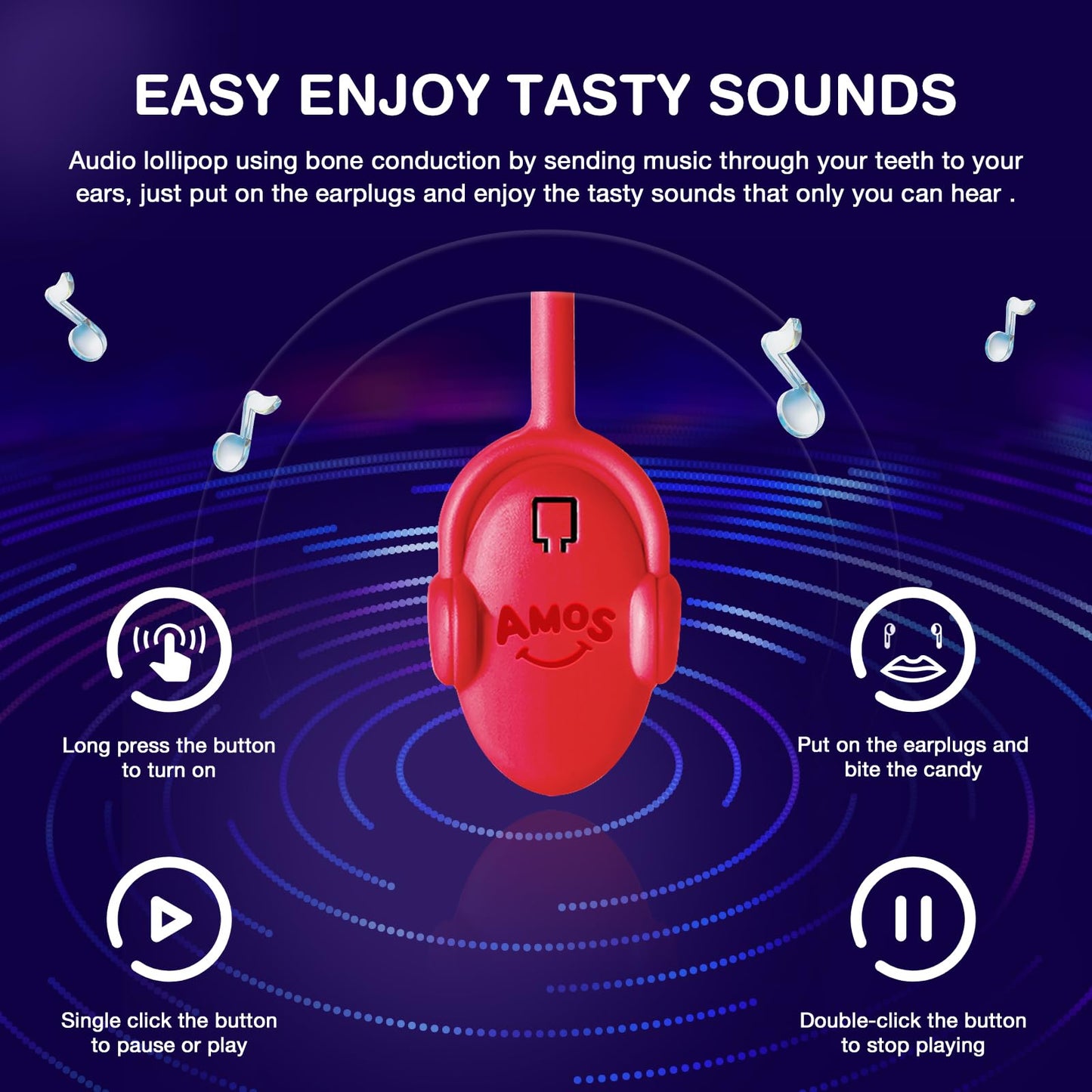 Amos Tastysounds Audio Music Lollipop Candy - Singing Music Lollipop Suckers, Sugar-Free, 4-Pack Variety (Strawberry, Blueberry,