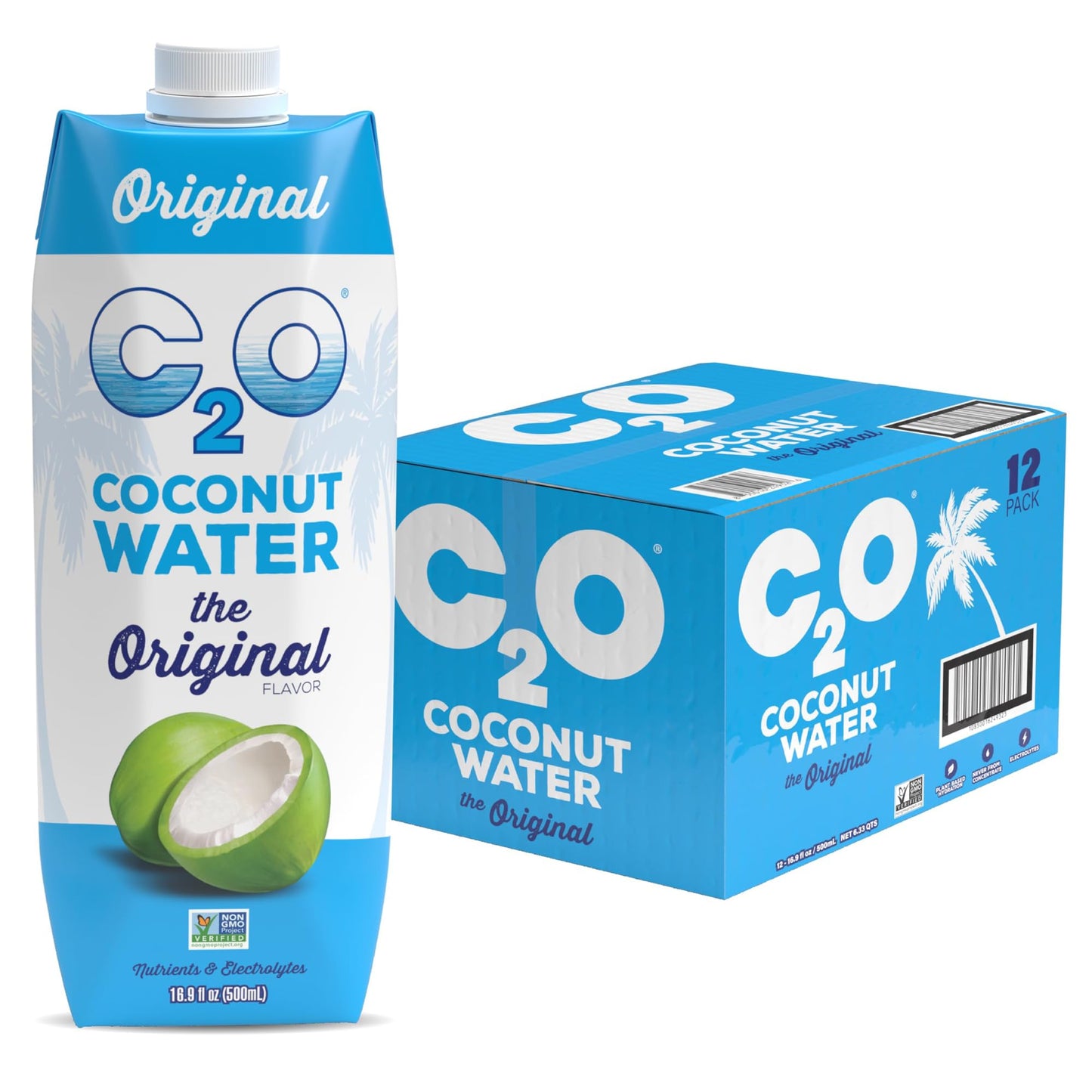 C2O Coconut Water - Original Flavor - Non-GMO - 12 Tetra Packs - 16.9 FL OZ Each