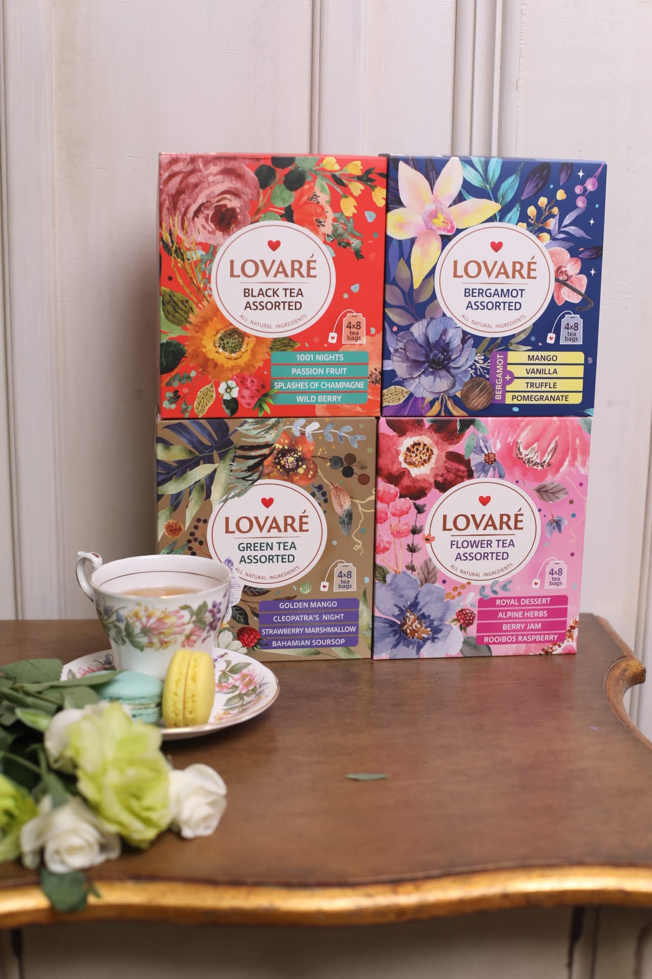 LOVARE Assorted Tea Variety Pack - 32 Bags per Box, Includes Bergamot Black, Floral, Black and Green Tea - Made in Ukraine