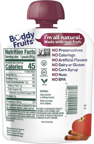 Buddy Fruits Snacks To Go Cinnamon Unsweetened Applesauce 3.2oz Pouch (18pk) Gluten-Nut-Dairy-Preservatives-BPA Free, Non GMO, K