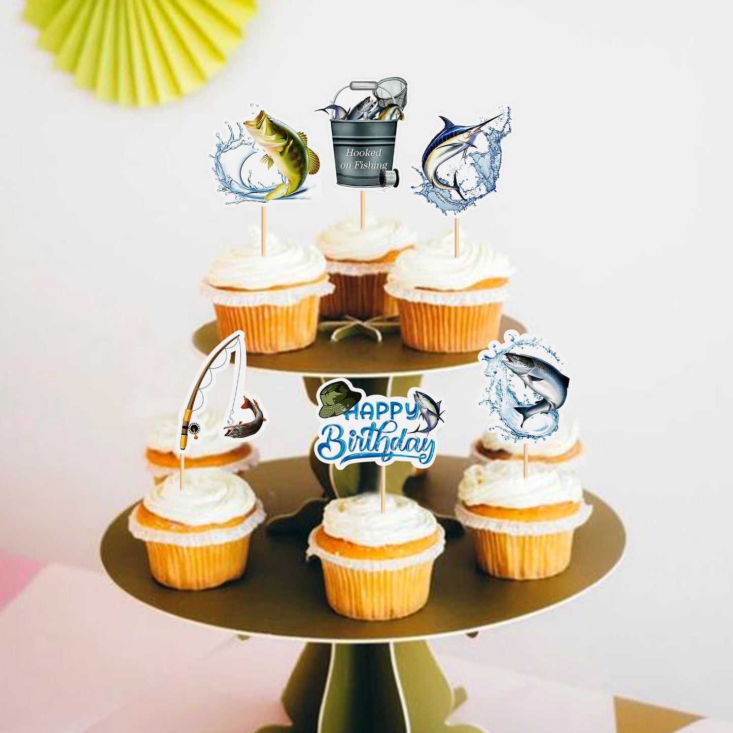 Cyodoos 36Pcs Fishing Cupcake Toppers Go Fishing Theme Decorations Baby Shower Boys Girls Happy Birthday Party Tropical Party Ca