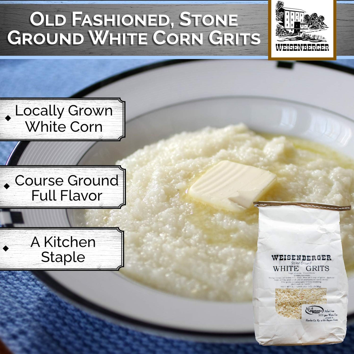 Weisenberger Stone Ground Grits, White- Authentic, Old Fashioned, Southern Style Corn Grits - Local Kentucky Proud Product - Non-Gmo, Coarse Ground – White, 2 Lb, Pack Of 2
