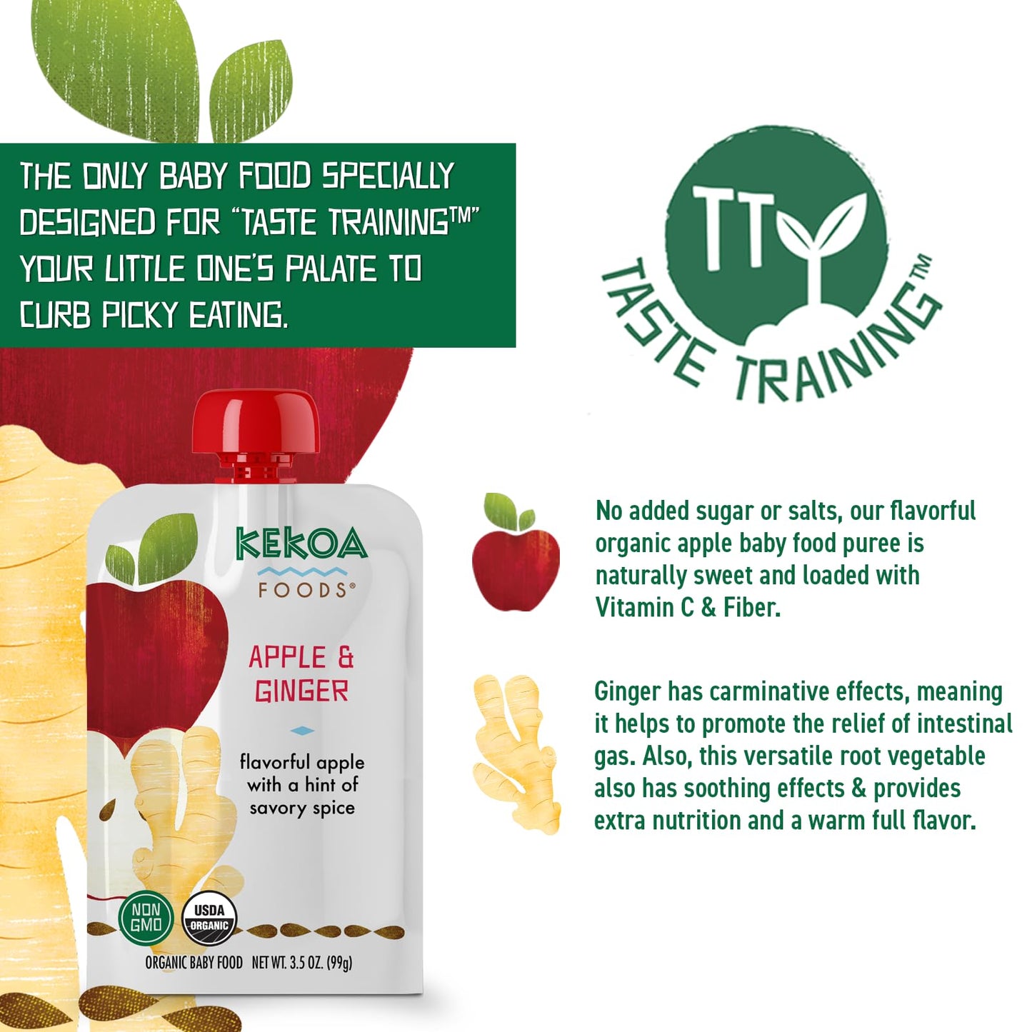 Kekoa Foods Apple & Ginger Baby Food Purée | 100% Usda Certified-Organic, No Sugar Added | Organic, Non-Gmo, Gluten-Free, Vegan | Mild Ginger For Flavor Development | 3.5 Oz Squeeze Pouch