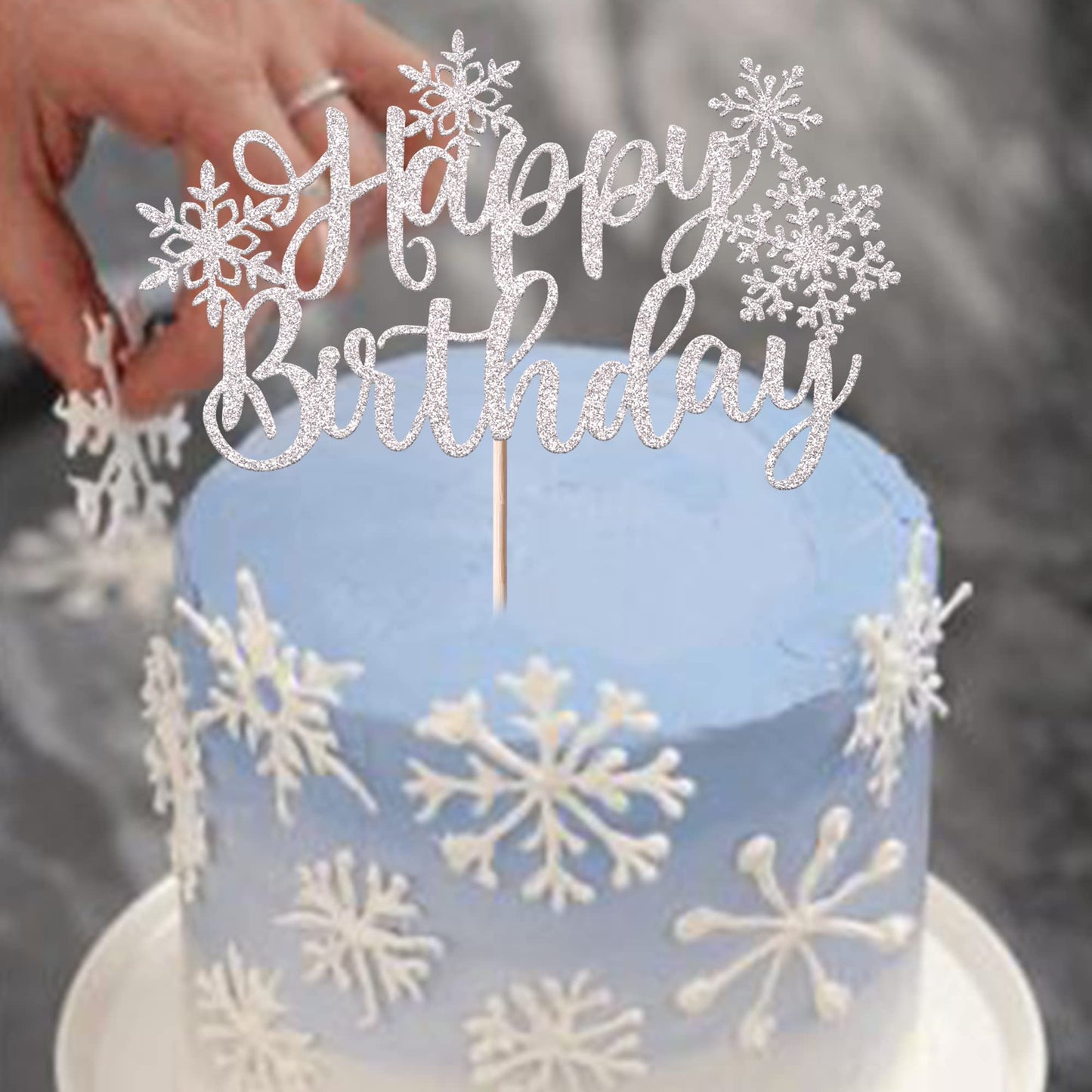 Rssta i Snowflake Happy Birthday Cake Topper Glitter Winter Theme Silver, Model: xm138-silver, Baby Shower Decorations
