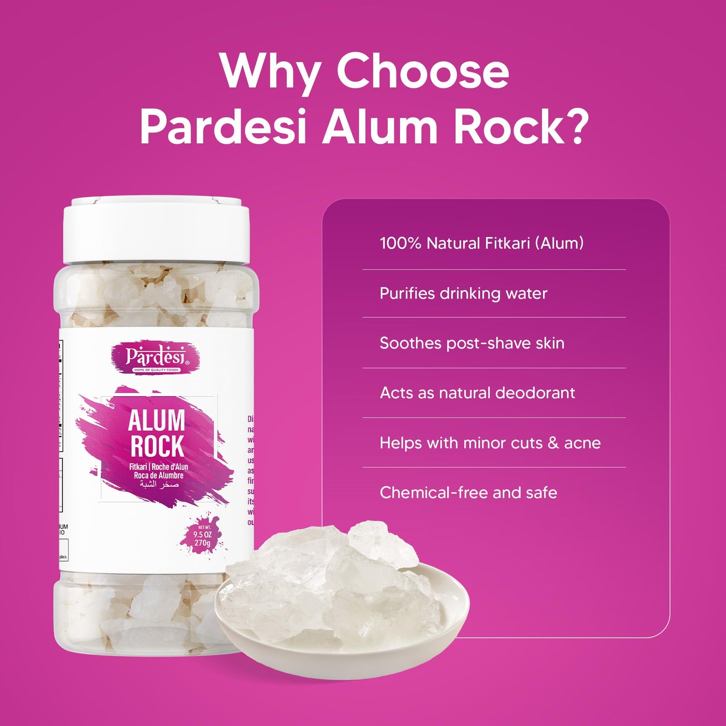 PARDESI Natural White Alum Crystal Rock - 270g | Potassium Alum for Cooking, Pickling, Water Clarification, DIY Crafts
