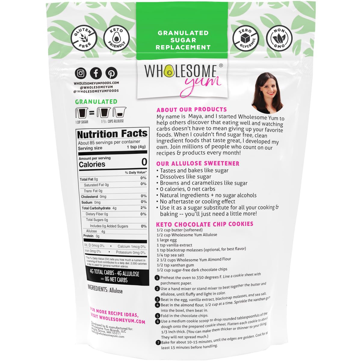 Wholesome Yum Allulose Sweetener - Natural Granulated Sugar Substitute - Keto, Non GMO, Zero Carb, Zero Calorie, Sugar Free, No