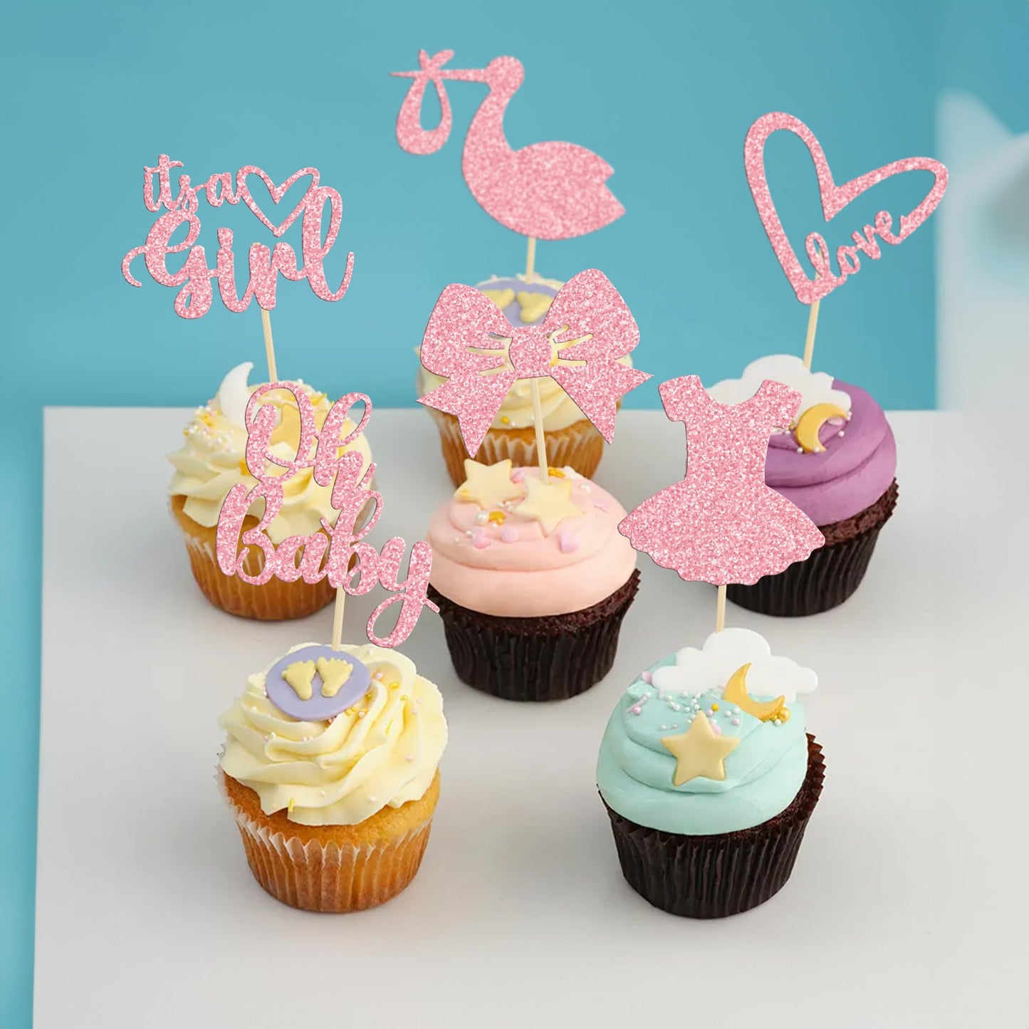 Gyufise 36 Pack Oh Baby Cupcake Toppers It'S A Girl Cupcake Toppers With Bow Dress Love Heart Pink Glitter Cake Picks Decoration