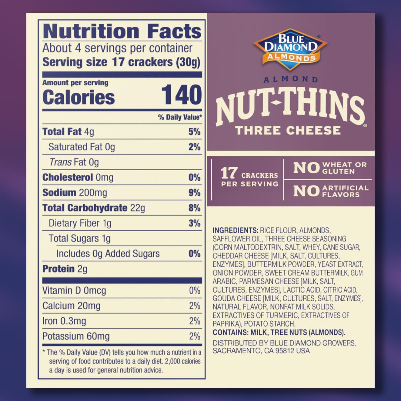 Blue Diamond Almonds, Three Cheese Gluten Free Nut Thin Cracker Crisps, 4.25 oz