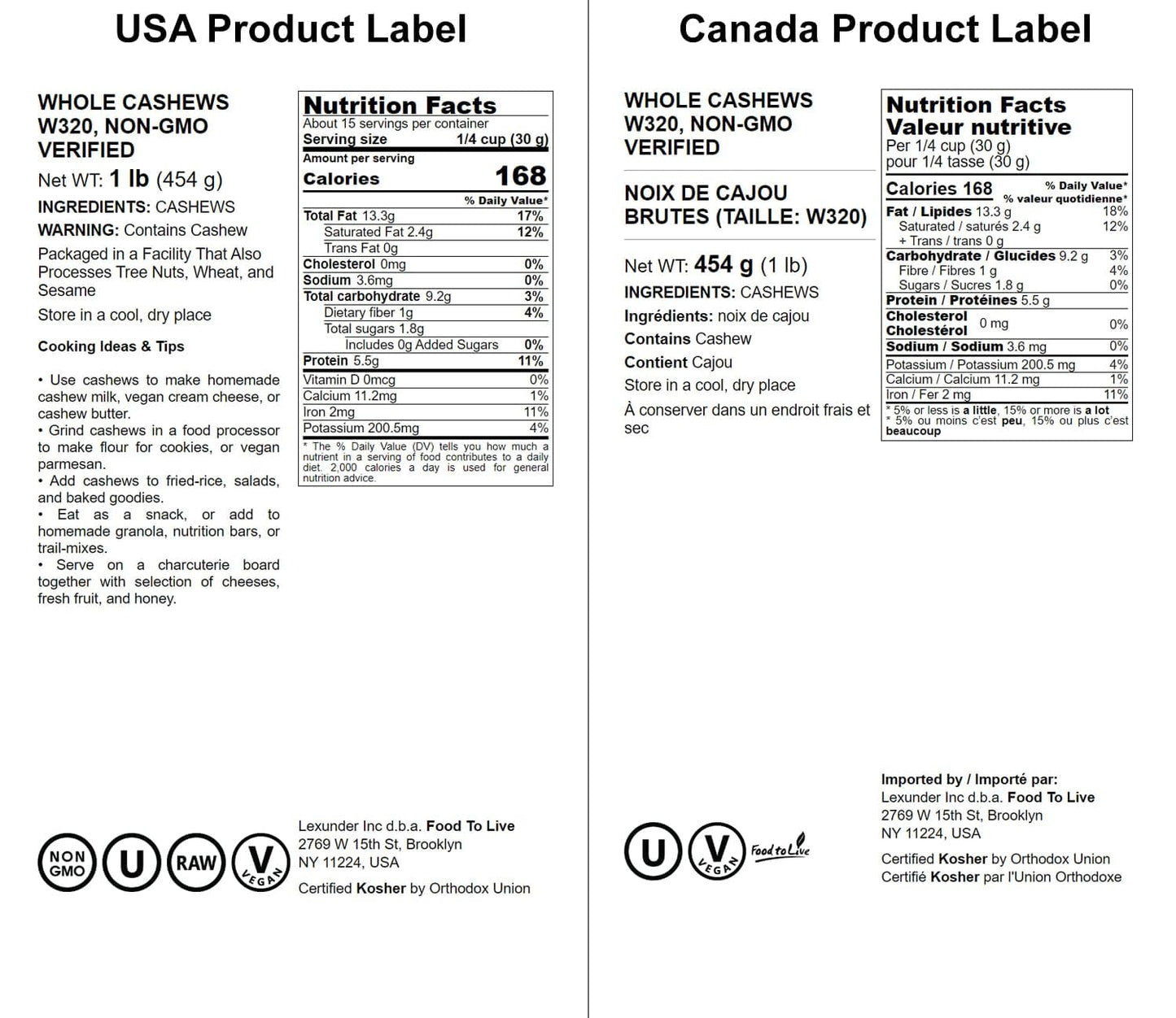 Food To Live Raw Cashews, 1 Pound — Non-Gmo Verified, Deluxe Whole Nuts, Unsalted, Unroasted, Size W-320, Vegan, Kosher, Bulk