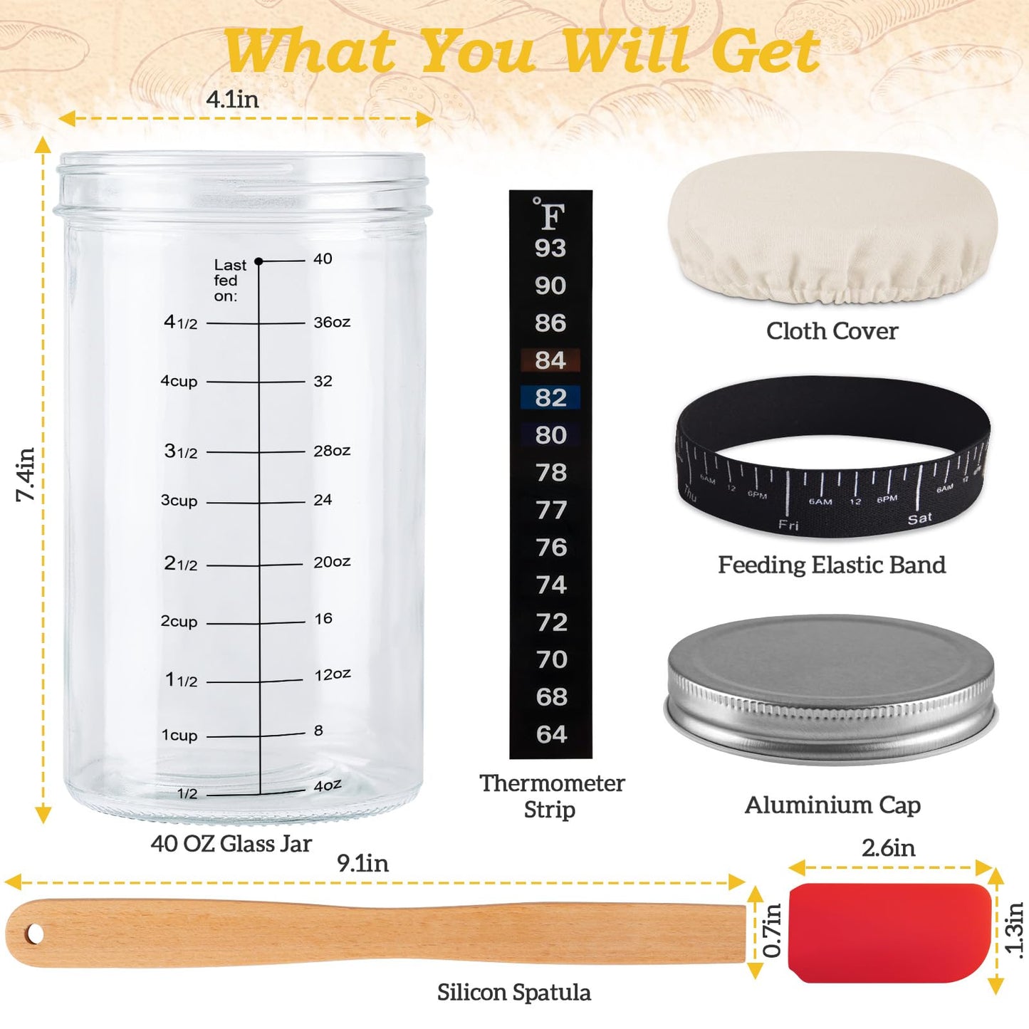 Tyniaide Sourdough Starter Kit with Thermometer Strips & Covers - 40 oz/1200 ml Jar