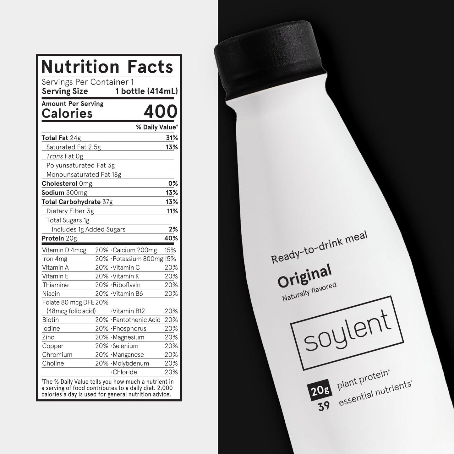 Soylent Complete Meal Replacement Shake, Original, 20g complete protein, 28 vitamins & minerals, low sugar, 14oz (Single Bottle)