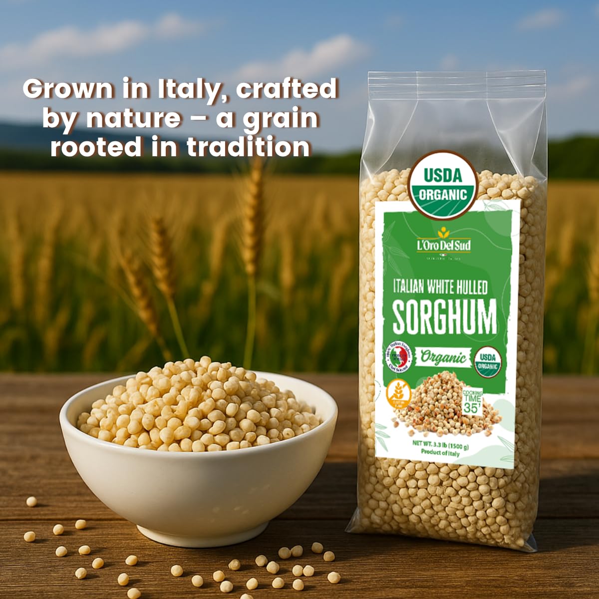 LOro Del Sud Organic Italian White Hulled Sorghum, Gluten-Free Ancient Cereal, 52.9 oz (1.5 kg), High Fiber Superfood