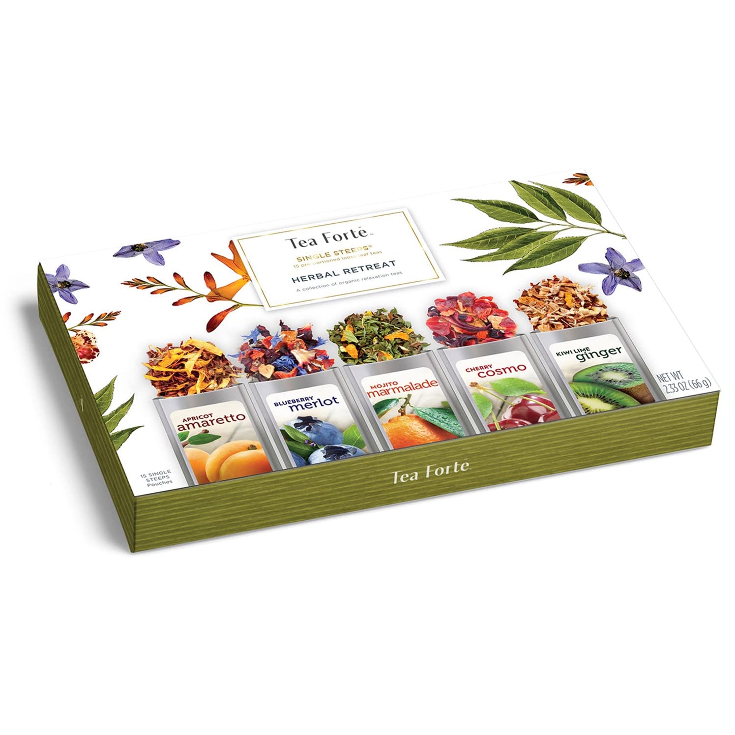Tea Forte Single Steeps Herbal Retreat Tea Sampler, 15 Count Assorted Blends, Pre-Portioned Pouches for 12 oz Steeping