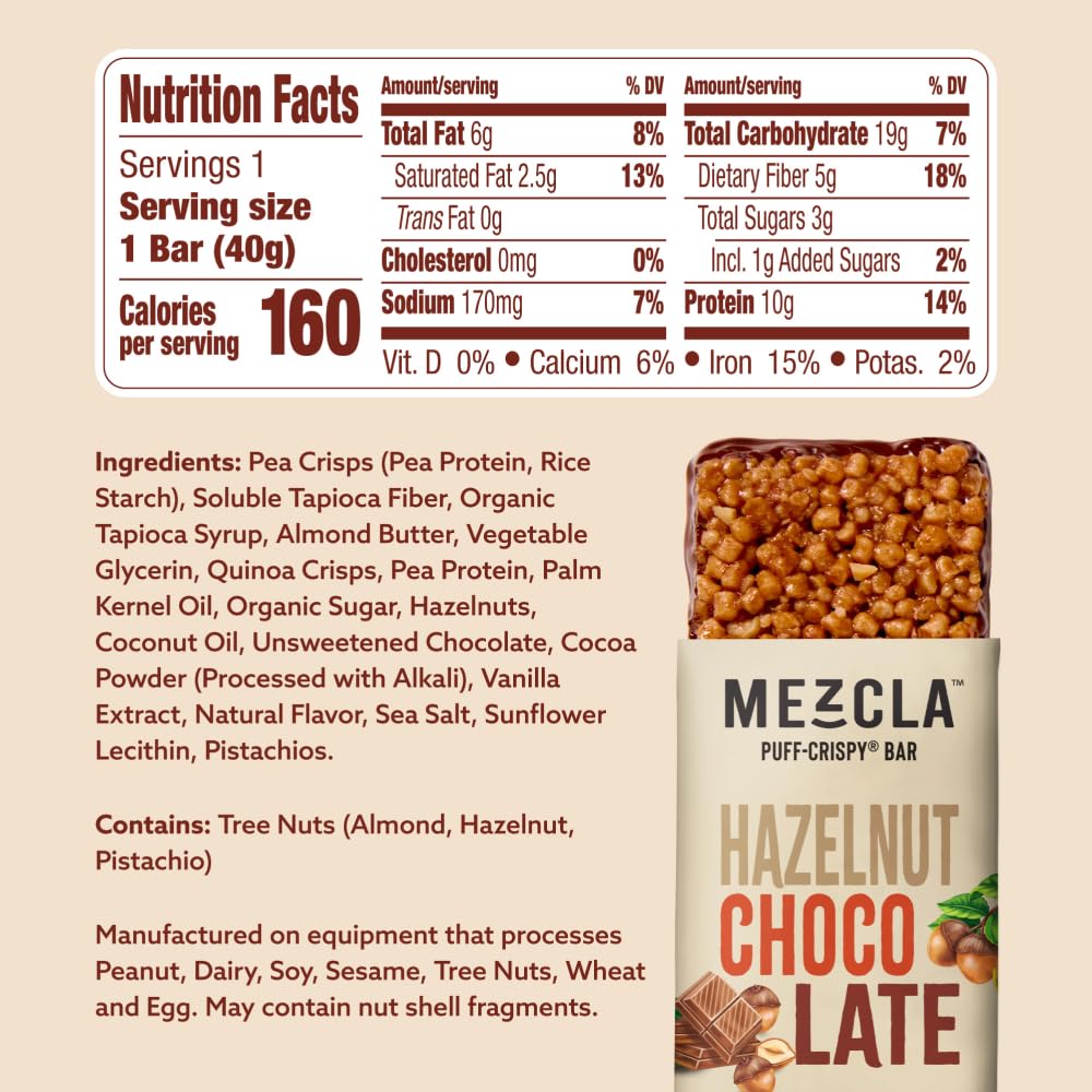 Mezcla Puff Crispy Protein Bars, Gluten Free & Vegan Protein Bars, 10G Protein, Alt For Crispy Rice Treat, Granola Bars & Breakfast Bars, Healthy Snacks For Mature-Themeds, Hazelnut Chocolate, 12 Pack