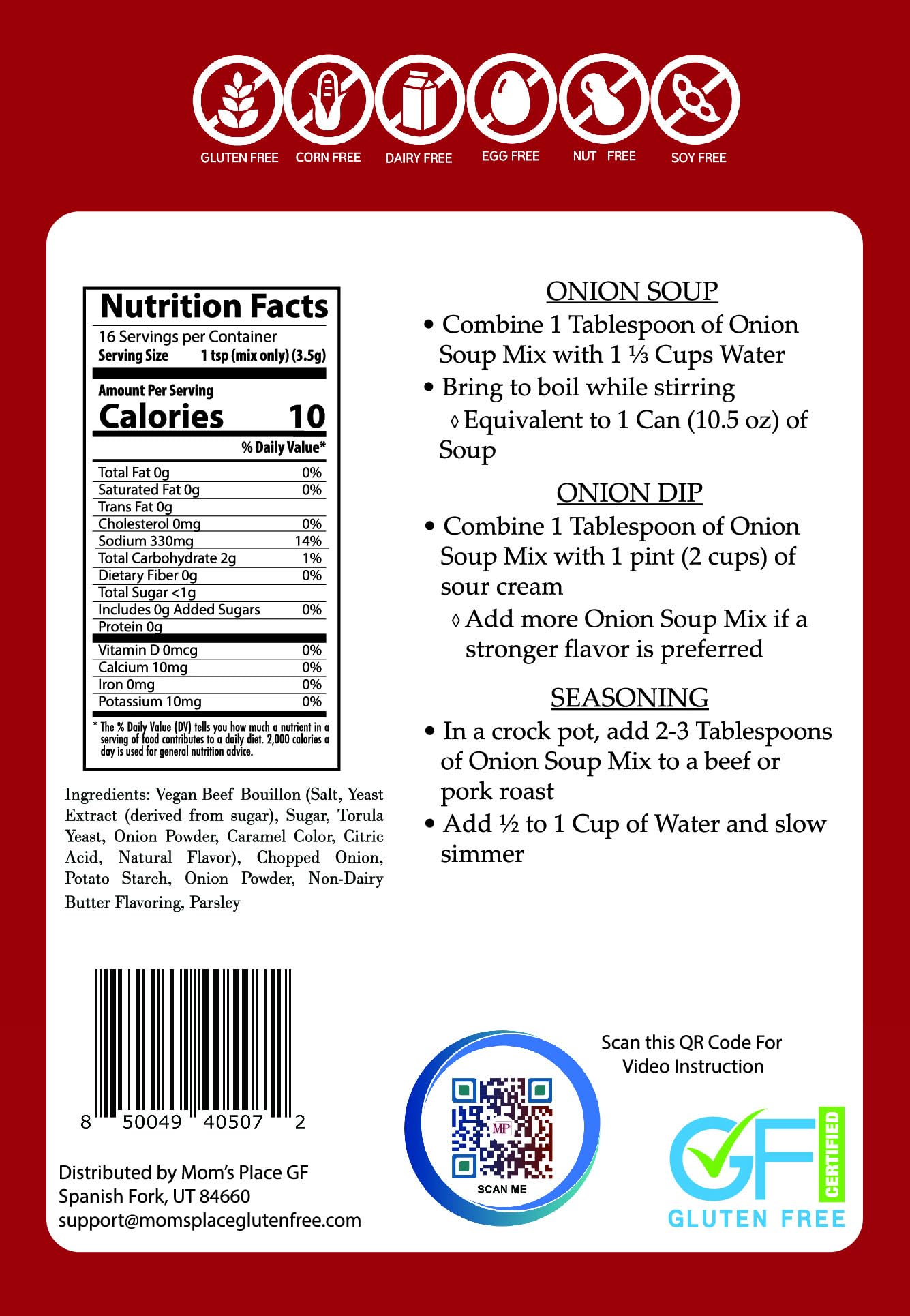 Moms Place Gluten-Free Onion Soup Mix Or Chip Dip, Nut Free, Soy Free, Vegan, Dairy Free, 16 Servings, 2.0 Oz