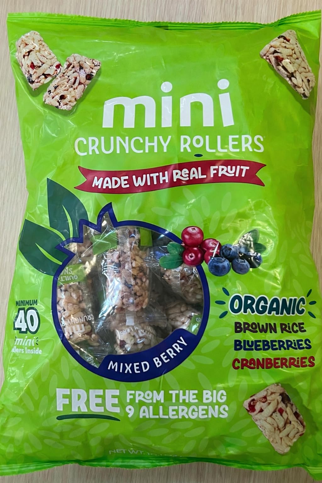Organic Brown Rice Mini Crunchy Rollers Snacks - Mixed Berry Flavor with Blueberries & Cranberries, Gluten Free, Vegan, Non-GMO,