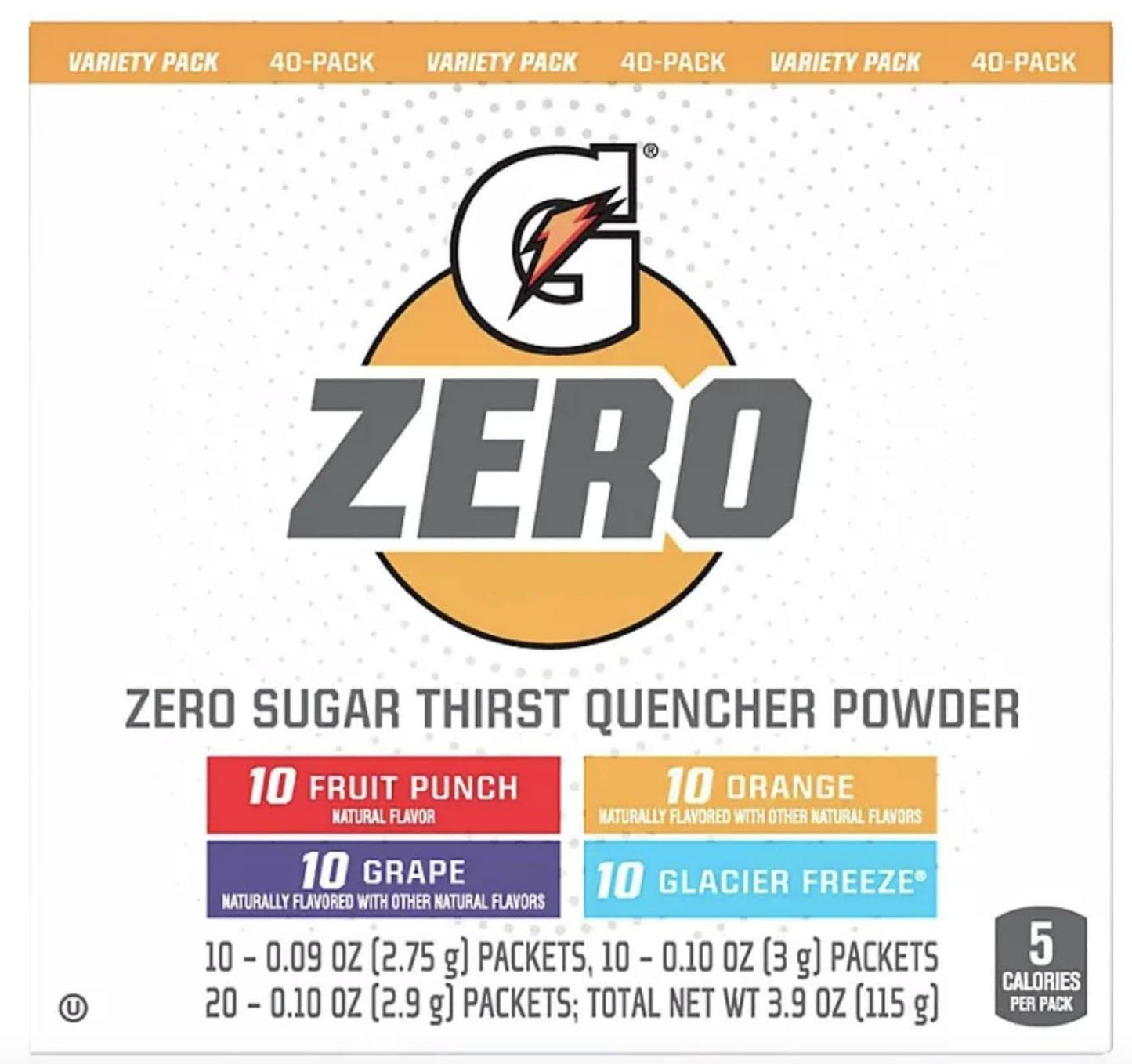Gatorade G Zero Sugar Thirst Quencher Powder, (Pack Of 40) 10 Flavors Of Each (Fruit Punch, Orange, Grape & Glacier Freeze)