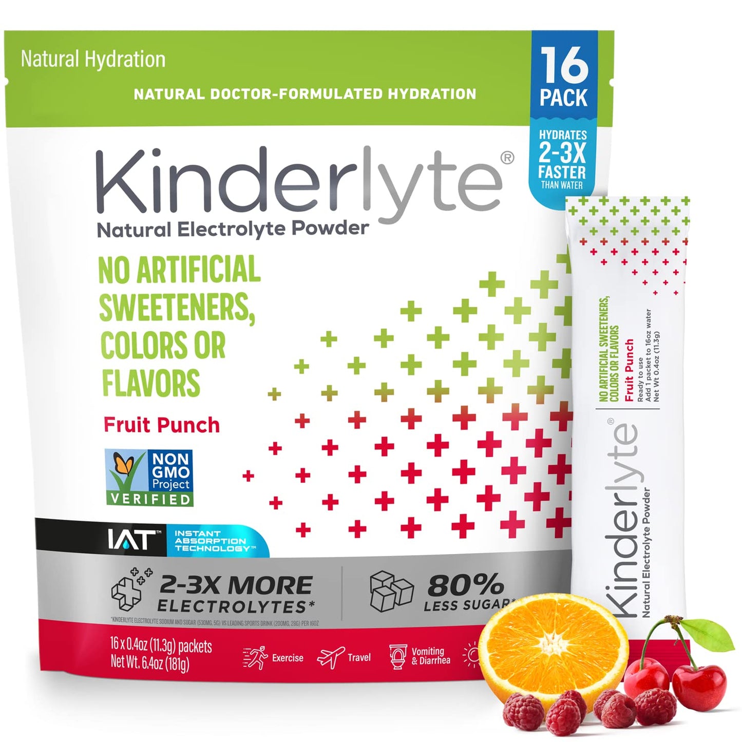 Kinderlyte Electrolyte Powder for Kids and Adults - Drink Mix Hydration Packets (Fruit Punch, 16 Count), No Artificial Sweetener