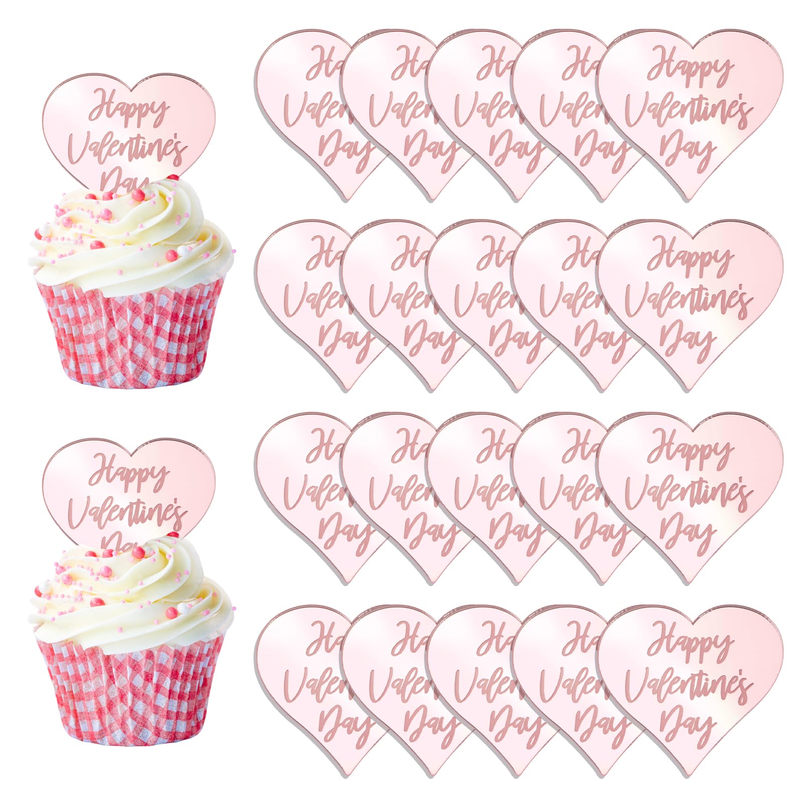 Urroma Happy Valentine'S Day Cupcake Toppers, Rose Gold 20Pcs Sweet Love Theme Valentine'S Day Cupcake For Baby Shower Diy Birth