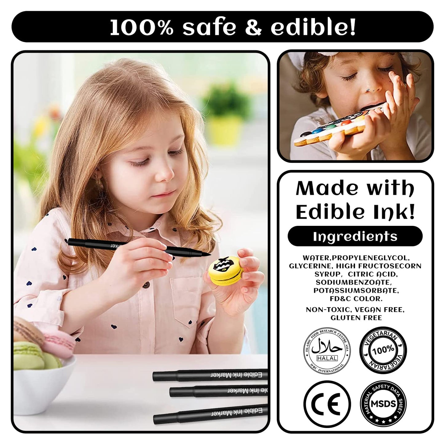 Edible Markers For Cookie Decorating, 2Pcs Black Double Sided Extra Fine Tip Edible Pens, Food Grade Food Coloring Marker Pens F