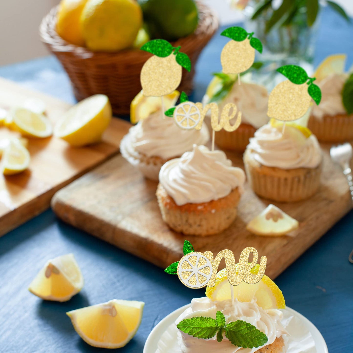 24Pcs Lemon One Cupcake Toppers Glitter Fruit Lemonade First Birthday Cupcake Picks For Lemon Theme Baby Shower 1St Birthday Par