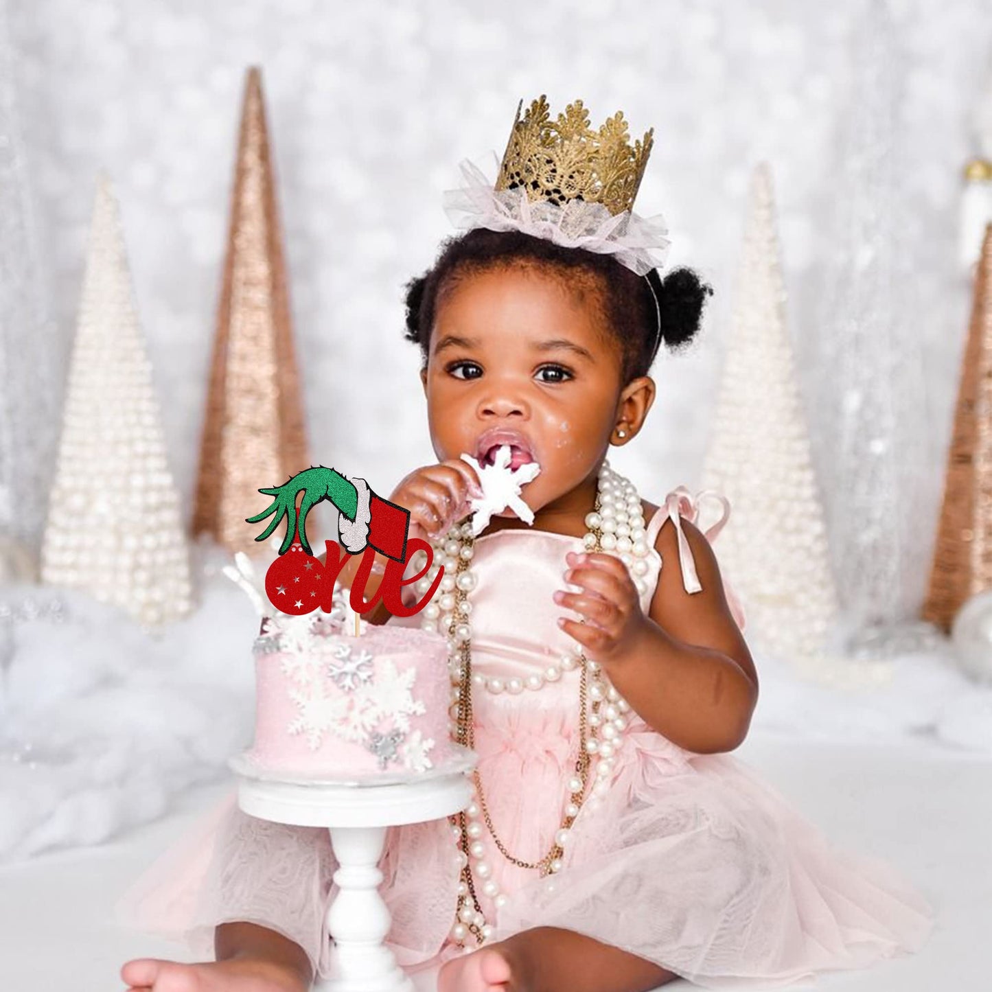 1 Pack Christmas One Cake Topper With Glitter Hand First Birthday Cake Topper Picks Decorations For Baby Shower 1St Birthday Party Supplies Red