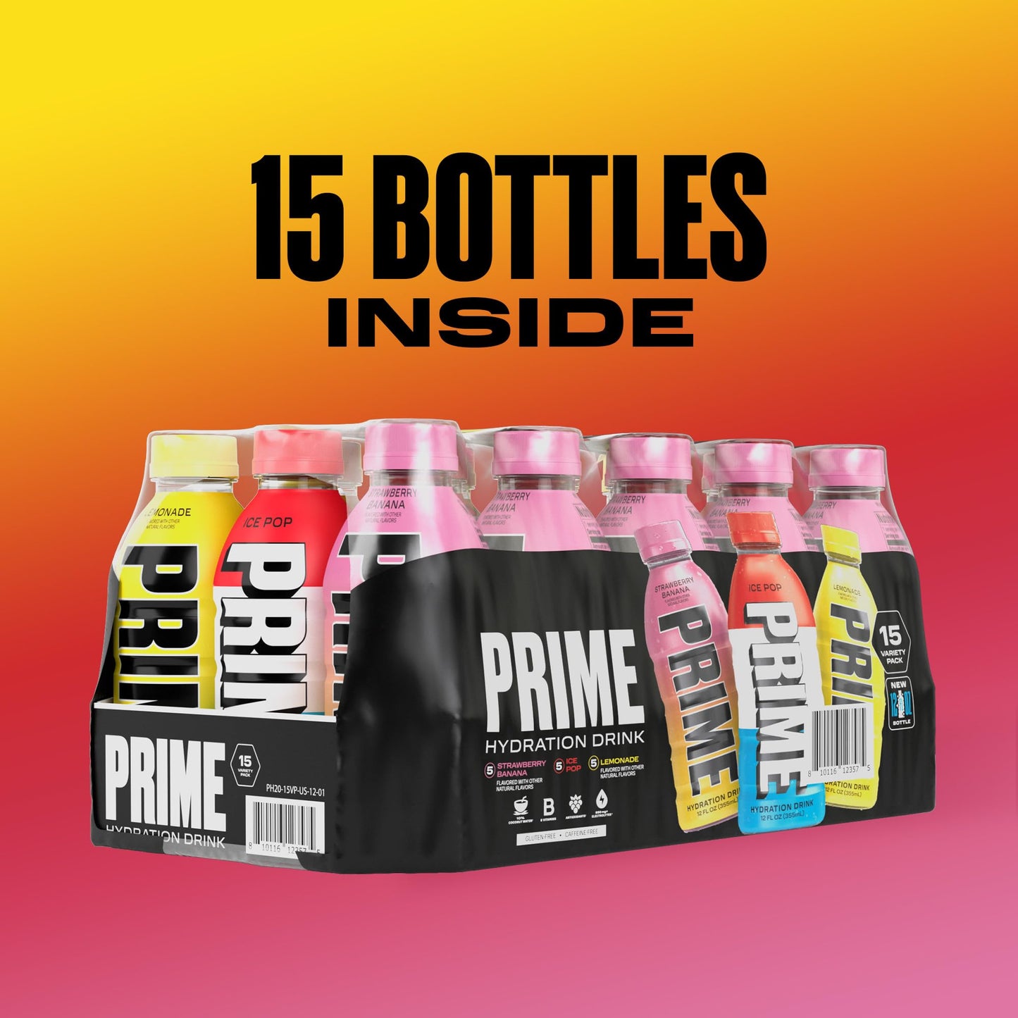 PRIME HYDRATION Variety - ICE POP  Strawberry Banana  Lemonade  Sports Drinks  Electrolyte Enhanced for Ultimate Hydration  250mg BCAAs  B Vitamins  Antioxidants  Low Sugar  12 Fl Oz  15 Pack