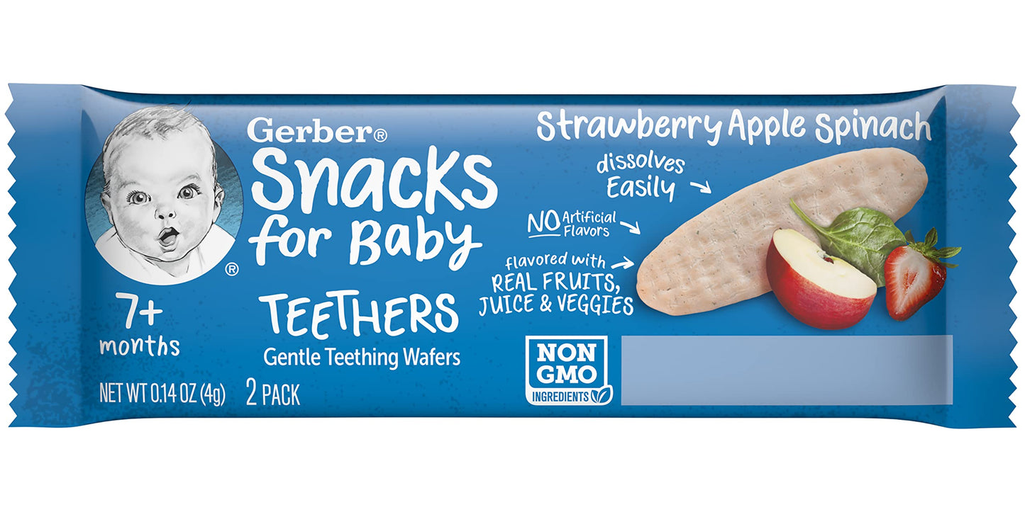 Gerber Snacks For Baby Teethers, Strawberry Apple Spinach, Gentle Teething Wafers, Non-Gmo Ingredients, 12 Individually Wrapped