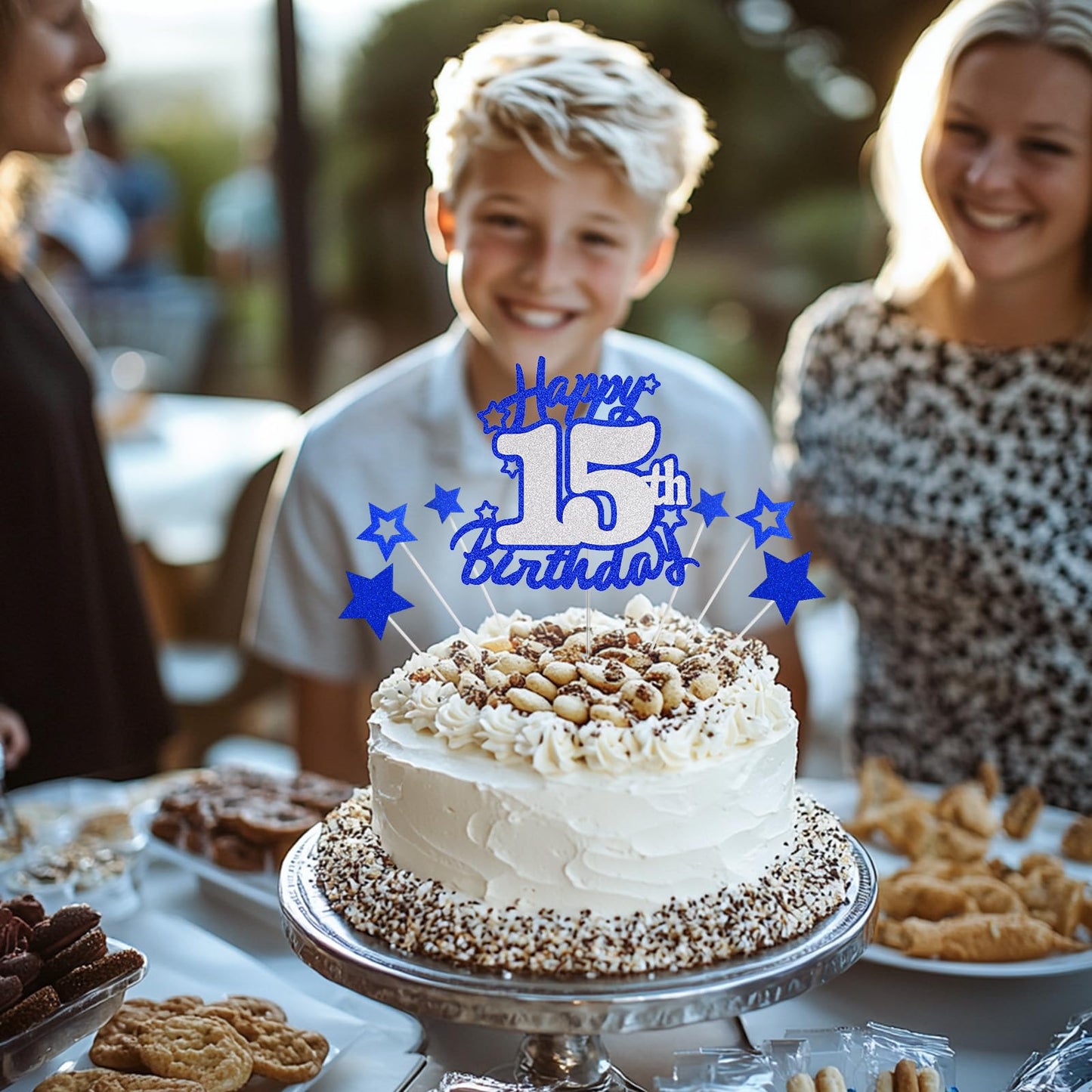 Happy 15Th Birthday Cake Topper, Blue And Silver Glitter Cake Toppers, Quinceanera Decorations, 15 Year Birthday Party Cake Deco