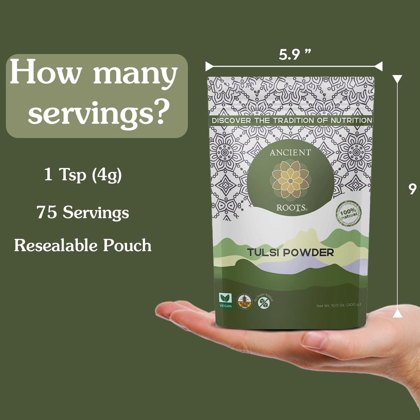 Ancient Roots Tulsi Powder - 100% Pure Holy Basil, Non-GMO, Gluten-Free, 10.5 oz Resealable Bag