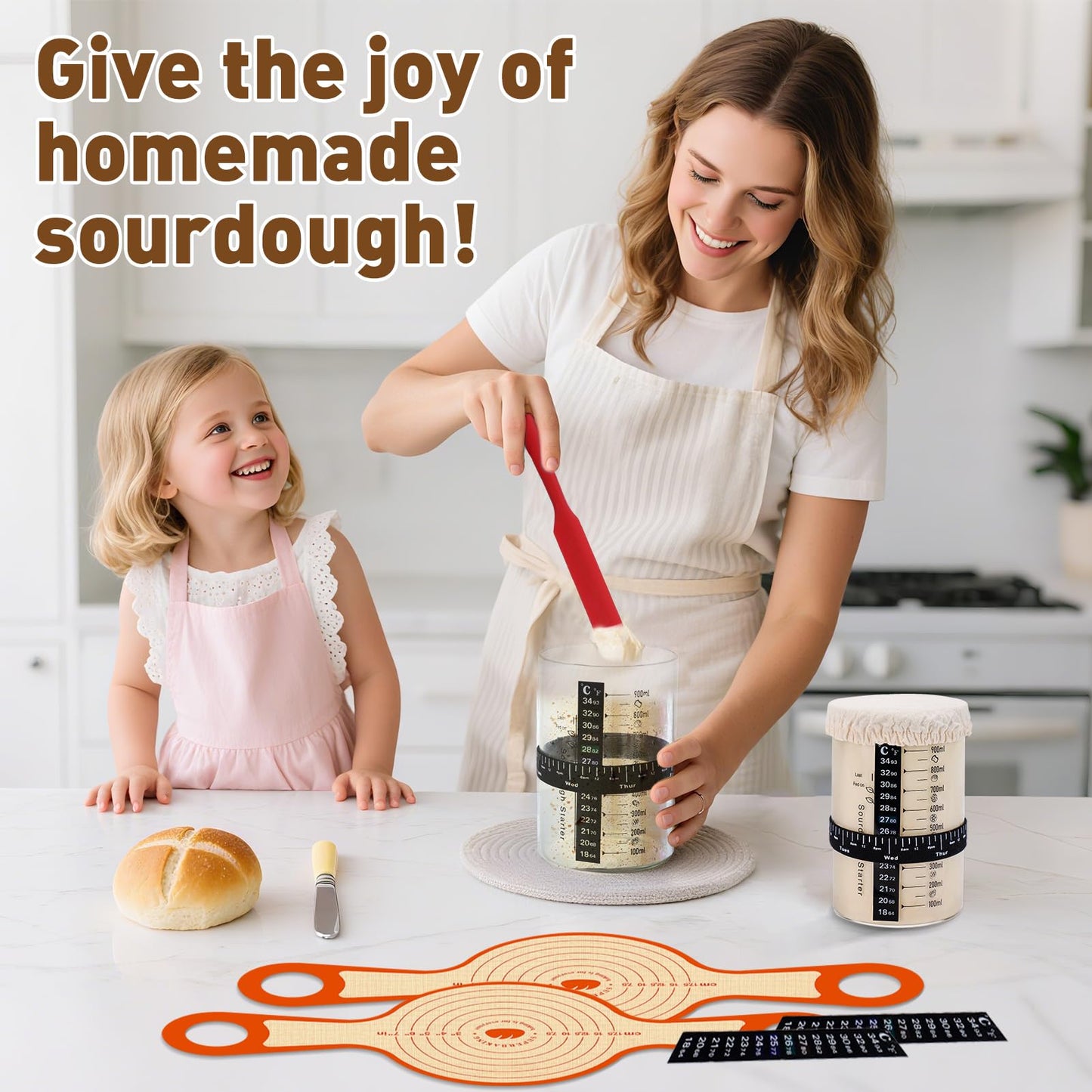 Sourdough Bread Starter Jar Kit - 2 Pcs 34Oz Glass Containers With Lids For Sourdough, 2 Baking Mats, Feeding Band, Thermometer Sticker, Bread Baking Tool Supplies For Homemade Baker Beginner Gift