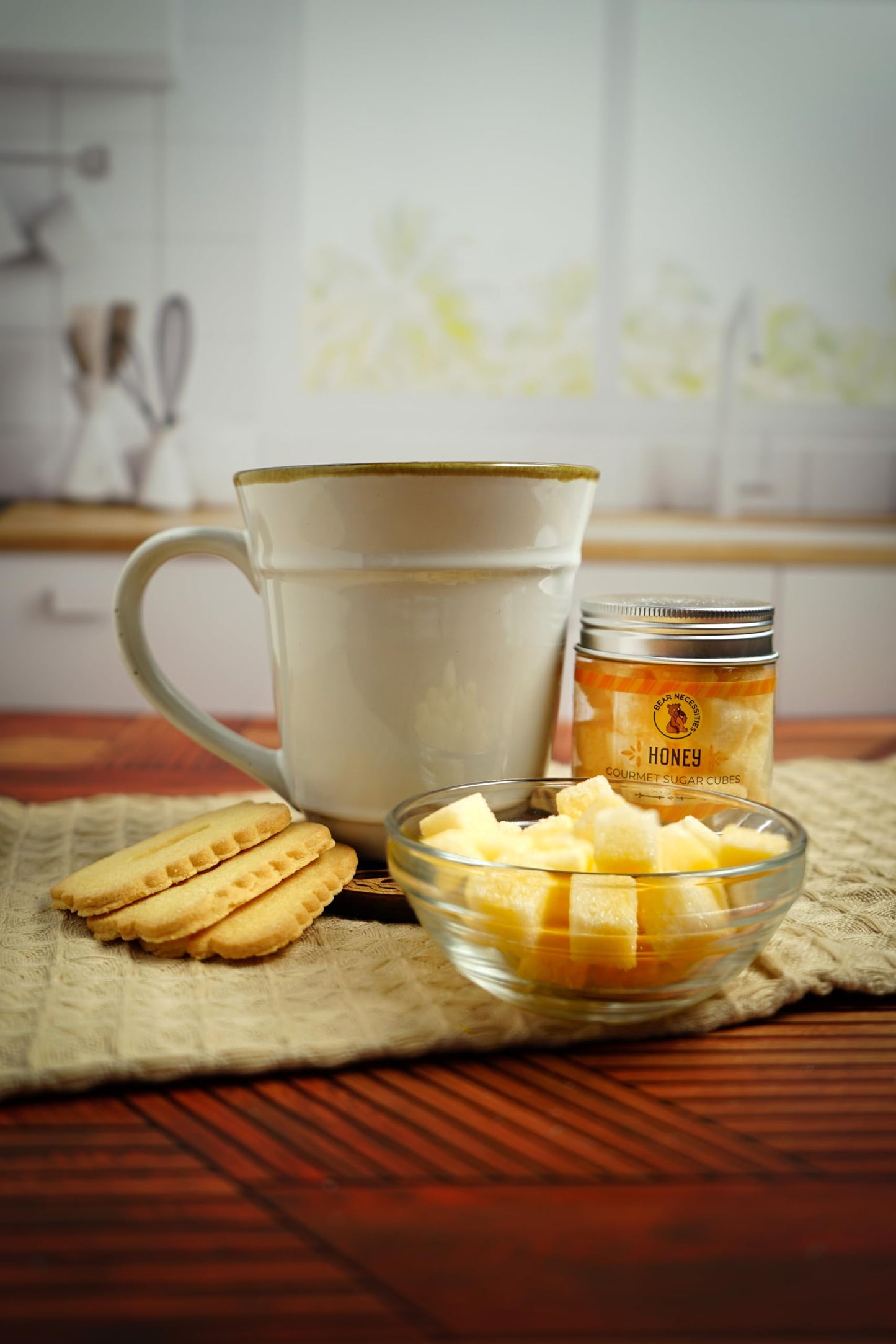 Bear Necessities Gourmet Sugar Cubes - Honey Infused, 70g Jar - Perfect for Tea, Coffee, Cocktails - White with Golden Hue
