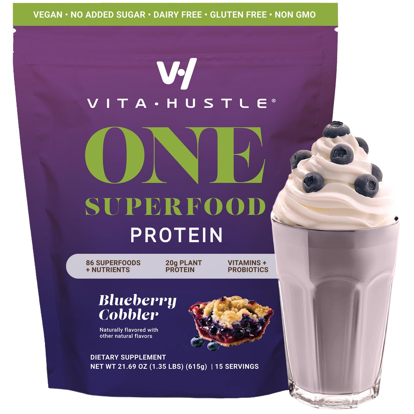 VitaHustle All-in-One Nutrition Shake  Blueberry Cobbler - Plant Based Protein Powder by Kevin Hart - Vegan Meal Replacement Shake with KSM66 Ashwagandha & 86+ Superfoods - Organic Meal Replacement Powder