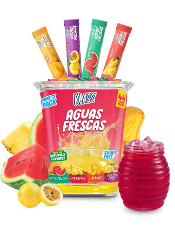 Klass Aguas Frescas Powdered Drink Mix | 44 Sugar Free Powder Packets | Flavors - Mango Watermelon Pineapple & Passionfruit - Wa