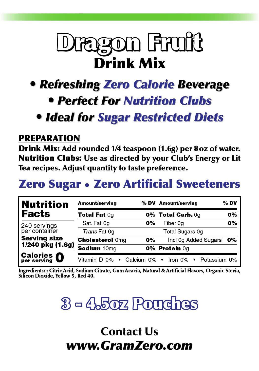 Gramzero Dragon Fruit Zero Calorie Sugar Free Drink Mix, Great For Nutrition Club Loaded Tea, Stevia Sweetened