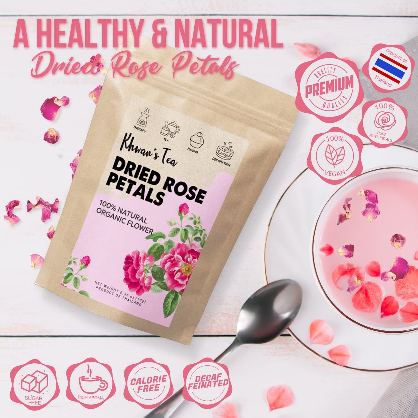 Khwan'S Tea Premium Dried Rose Petals - Plant-Based & Edible Flowers For Baking Decoration, Desserts, Syrup, Diy Crafts, Candle,