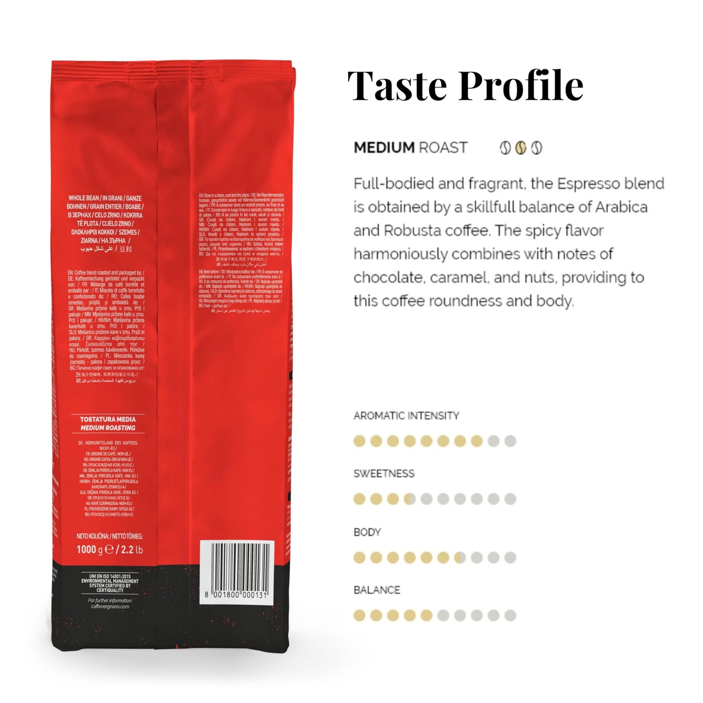 Caffe Vergnano 1882 Espresso Whole Bean Arabica Roast Coffee, 2.2 Lb Bag - Italian Medium Roast Coffee Beans With Notes Of Choco