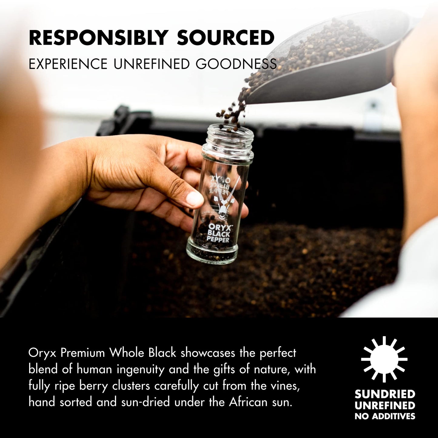 Oryx Black Pepper Grinder - 1.26Oz - Manual Refillable Grinder With Enhanced Whole Black Peppercorns From Madagascar - Perfect For Home Cooking & Gourmet Meals - Refillable Reusable +20X Grinder Head