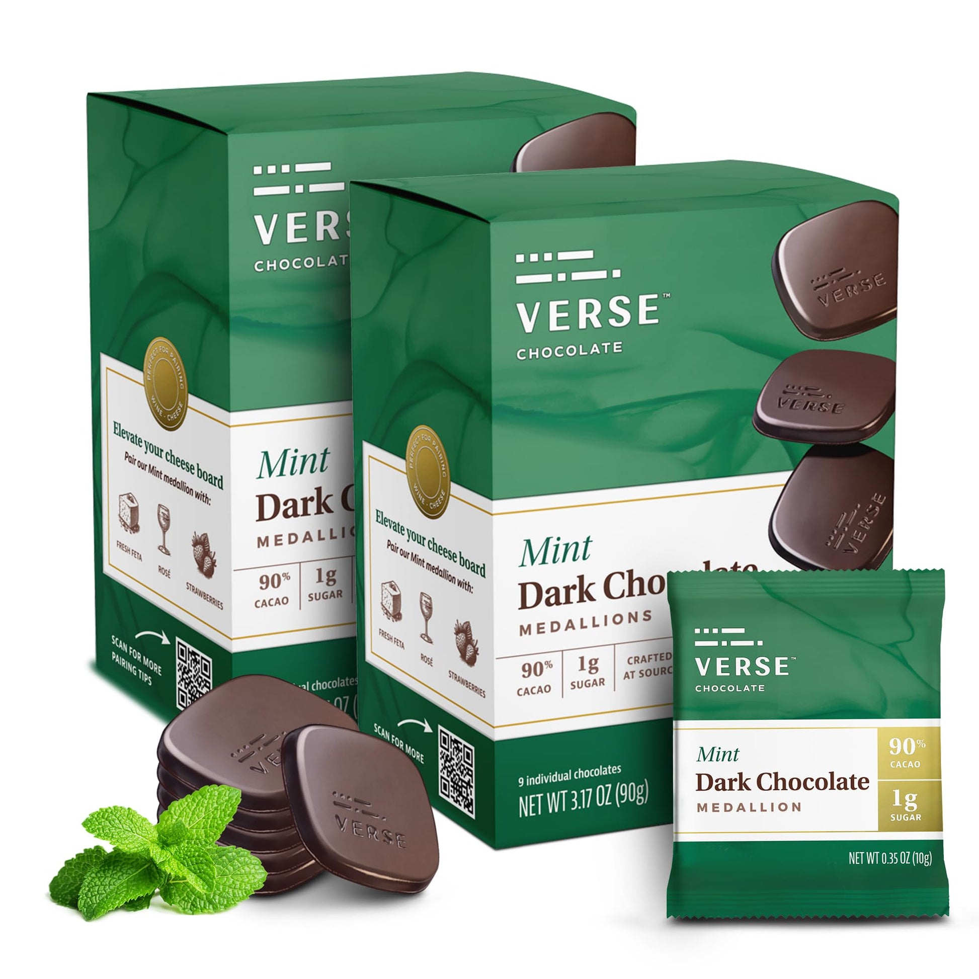 Verse 90% Dark Chocolate Mint Squares - Only 1G Cane Sugar - Creamy Dark Cocoa - Individually Wrapped Cacao Chocolate Squares (9 Count  2 Pack)