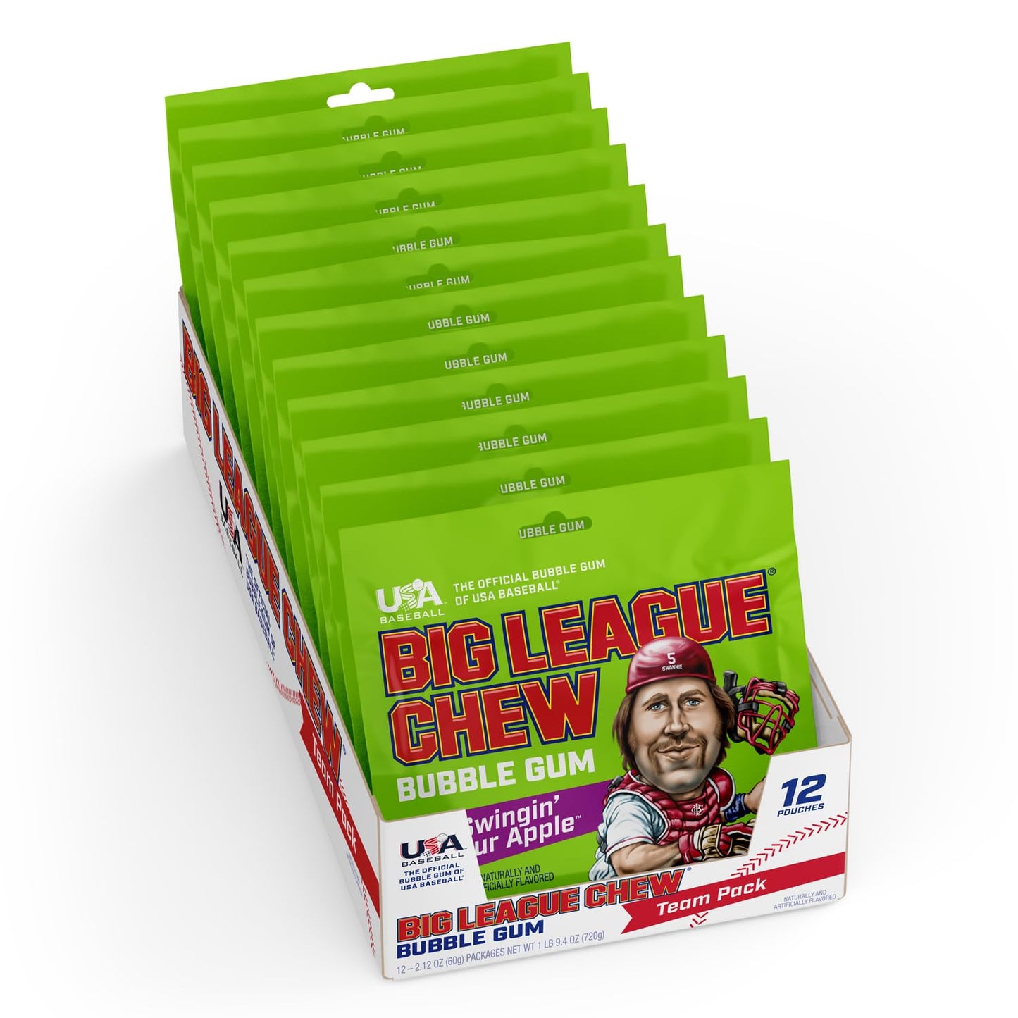 Big League Chew Swingin Sour Apple Bubble Gum - Tart & Tangy Apple Flavor Burst | Ideal for Baseball Games, Teams, Concessions,