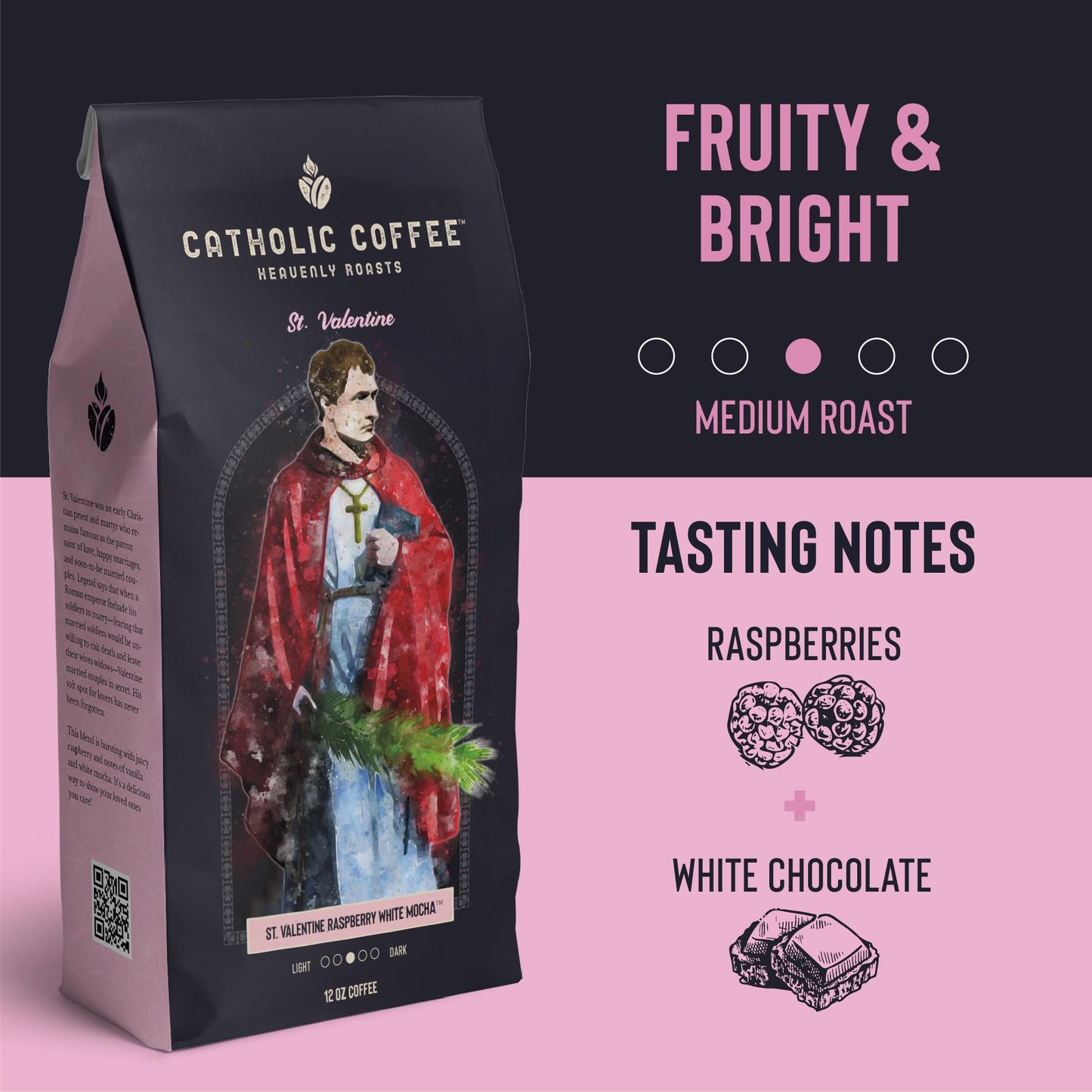 St. Valentine Raspberry White Chocolate 12 Oz Catholic Coffee (Whole Beans) Small-Batch Craft Coffee, Gift For Catholic Faithful
