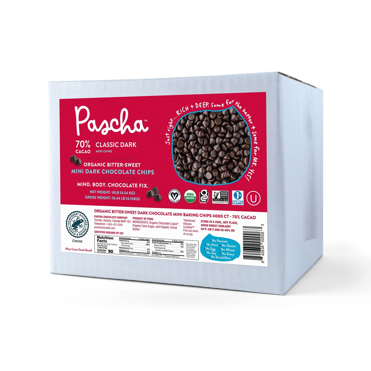 Pascha Bulk Organic Baking Mini Bitter Sweet Chocolate Chips, 70% Cacao, Allergen Free, Non-GMO, Vegan, 10 Pounds