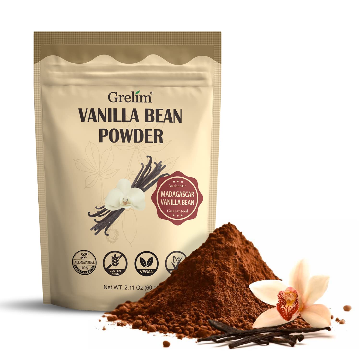 GRELIM Vanilla Bean Powder, 100% Pure Ground Madagascar Vanilla Powder Gluten-Free No Fillers or Additives Great for Baking, Cof