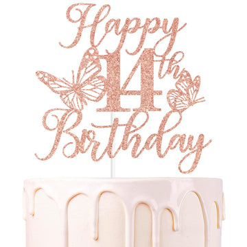 Rose Gold Glitter Happy 14th Birthday Cake Topper, Butterfly Happy 14th Birthday/Cheers to 14 Years, Butterfly Themed 14th Birth